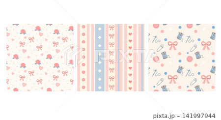 Cute hand drawn pastel sewing seamless pattern set with bows and roses 141997944