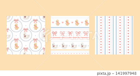 Sweet hand drawn pastel pattern set with ducklings swans bows and hearts Sweet hand drawn pastel pattern set with ducklings swans bows and hearts 141997948