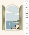 Window View with Open Shutters, Seaside Houses. Mediterranean Coastal Flat Vector Illustration 141998049