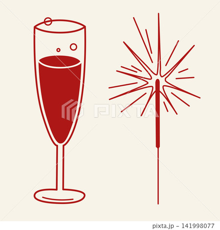 Hand-drawn New Year party clip art, champagne glass and sparkler in line art style for seasonal decor, packaging, cards Hand-drawn New Year party clip art, champagne glass and sparkler in line art style for seasonal decor, packaging, cards 141998077