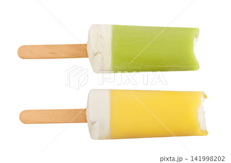 Ice cream on a stick with a bite mark isolated on a white background. Ice cream or fruit ice isolated on a white background. Ice cream on a stick with a bite mark isolated on a white background. Ice cream or fruit ice isolated on a white background. 141998202