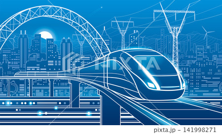 Futuristic high speed train traveling on an elevated railway through a modern smart city. Urban skyline, architectural arch, power transmission lines, mountains and renewable energy elements 141998271