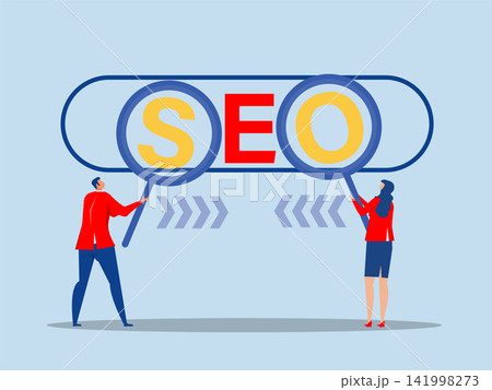 Businesspeople hold magnifying glass on SEO rising arrow search box.SEO Search Engine Optimization, website search result, advertising vector Businesspeople hold magnifying glass on SEO rising arrow search box.SEO Search Engine Optimization, website search result, advertising vector 141998273