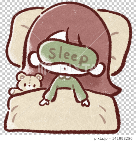 A girl sleeping in bed with an eye mask on. 141998286