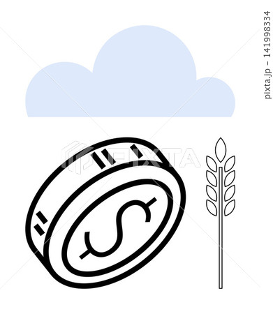 Agriculture, economic growth, financial investment, sustainability, climate change, productivity. A coin, a wheat stalk and a cloud. Agriculture and economic growth concepts 141998334