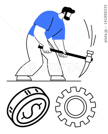 Blockchain technology, cryptocurrency mining, digital finance, economic innovation, fintech solutions, decentralized economy. Man using pickaxe near coin and gear. Cryptocurrency mining 141998335
