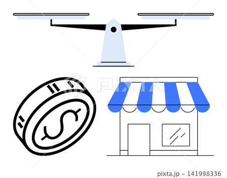 Economic balance, business finance, small businesses, trade, financial growth, commerce. Coin, balance scale and storefront in clean minimalist style. s economic balance and business finance Economic balance, business finance, small businesses, trade, financial growth, commerce. Coin, balance scale and storefront in clean minimalist style. s economic balance and business finance 141998336