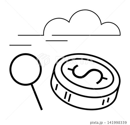 Financial technology, cloud computing, online transaction, virtual currency, data analysis, economy. Line art of a dollar coin with a magnifier and cloud. Financial technology and cloud computing 141998339