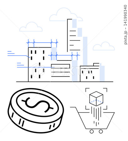Smart cities, fintech, e-commerce, investment, urban development, digital transformation. Modern cityscape, dollar coin and data cube in a shopping cart. Smart cities and fintech concepts 141998340