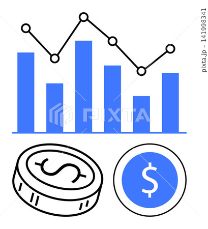Financial growth, business planning, investment trends, market analysis, economics, and digital finance. Bar chart with a line graph and dollar symbols. Financial growth and business planning 141998341