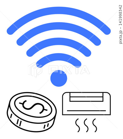 Smart technology, IoT, digital payment, remote control, energy efficiency, home automation. Blue wireless signal, coin indicating payment air conditioner. IoT and digital payment concept Smart technology, IoT, digital payment, remote control, energy efficiency, home automation. Blue wireless signal, coin indicating payment air conditioner. IoT and digital payment concept 141998342