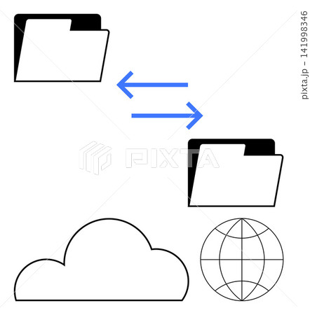 Data sharing, cloud storage, file transfer, digital communication, online systems, global access. Two folders connected by arrows, cloud and globe icons. Data sharing and cloud storage concept 141998346