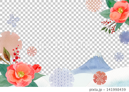 Watercolor illustration of a red camellia flower and a frame depicting Mount Fuji. Watercolor illustration of a red camellia flower and a frame depicting Mount Fuji. 141998439