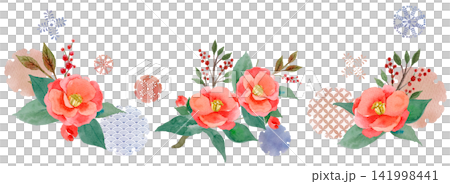 赤い椿と南天・水彩イラストセット 赤い椿と南天・水彩イラストセット 141998441
