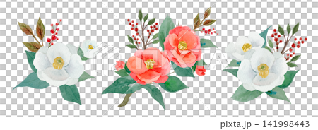 Red and white camellias and nandina - watercolor illustration set Red and white camellias and nandina - watercolor illustration set 141998443