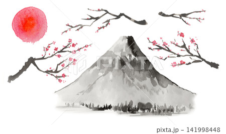 水彩で描いた富士山と日の出・梅の枝・水墨画風 141998448