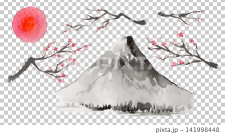 Watercolor painting of Mount Fuji and sunrise, plum branches, in an ink painting style. Watercolor painting of Mount Fuji and sunrise, plum branches, in an ink painting style. 141998448