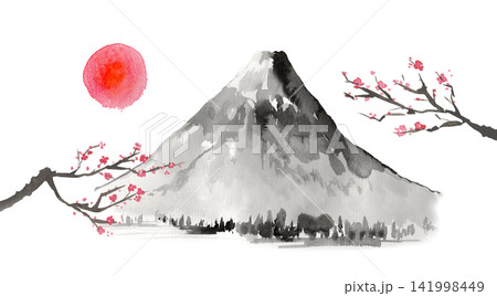 水彩で描いた富士山と日の出・梅の枝・水墨画風 141998449
