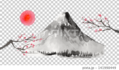 Watercolor painting of Mount Fuji and sunrise, plum branches, in an ink painting style. Watercolor painting of Mount Fuji and sunrise, plum branches, in an ink painting style. 141998449