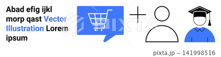 E-commerce, education, digital platforms, online learning, chat tools, user connections. Shopping cart in a chat bubble, person outline graduation cap. E-commerce and education platform concept 141998516