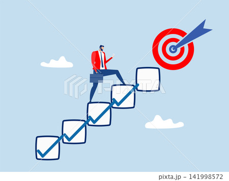 Businessman target concept, smart businessman walk up checklist as staircase to achieve target,Personal development plan for career success, build specialist skill Businessman target concept, smart businessman walk up checklist as staircase to achieve target,Personal development plan for career success, build specialist skill 141998572