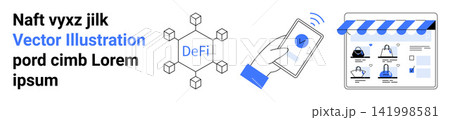 Decentralized finance, blockchain, mobile payments, authentication, digital wallets, online stores. DeFi network, smartphone with verification marketplace. Decentralized finance and mobile payments 141998581