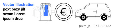 E-commerce, sustainable fashion, transportation, lifestyle, currency exchange, financial planning. Clothing on a rack, Euro symbol car outline illustration. E-commerce and sustainable fashion E-commerce, sustainable fashion, transportation, lifestyle, currency exchange, financial planning. Clothing on a rack, Euro symbol car outline illustration. E-commerce and sustainable fashion 141998582