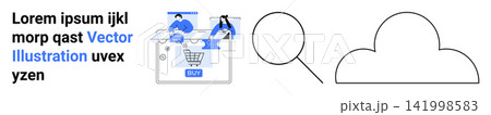 Online commerce, cloud storage, data analytics, digital search, e-commerce, technology trends. Shopping cart, magnifying glass cloud shape. Online commerce and cloud storage concept Online commerce, cloud storage, data analytics, digital search, e-commerce, technology trends. Shopping cart, magnifying glass cloud shape. Online commerce and cloud storage concept 141998583