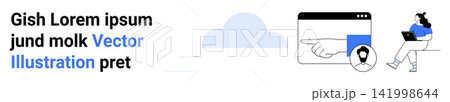 Cybersecurity, cloud storage, online protection, privacy, data management, modern technology. Cloud graphic, shield icon with pointer and user on laptop. Cybersecurity and cloud storage concept 141998644