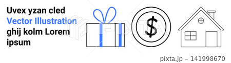Finance, housing, investment, gifting, real estate, home ownership. Minimalist style icons of a gift box, a dollar sign and a house. Finance and housing-related Finance, housing, investment, gifting, real estate, home ownership. Minimalist style icons of a gift box, a dollar sign and a house. Finance and housing-related 141998670