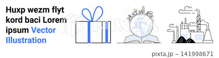 Sustainability, global education, eco-consciousness, industry impacts, gifting, environmental hazards. Gift box, Earth surrounded by greenery industrial factory emissions. Sustainability and global Sustainability, global education, eco-consciousness, industry impacts, gifting, environmental hazards. Gift box, Earth surrounded by greenery industrial factory emissions. Sustainability and global 141998671