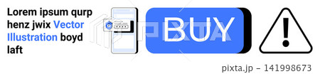 Online shopping, cybersecurity, mobile security, online warnings, e-commerce safety, digital authentication. Smartphone with security icon, buy button exclamation icon. Cybersecurity and mobile Online shopping, cybersecurity, mobile security, online warnings, e-commerce safety, digital authentication. Smartphone with security icon, buy button exclamation icon. Cybersecurity and mobile 141998673