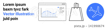 Data analysis, commerce, travel planning, online shopping, financial insights, statistics. Graph analytics, shopping bag airplane icon. Data analysis and commerce illustrated for diverse uses Data analysis, commerce, travel planning, online shopping, financial insights, statistics. Graph analytics, shopping bag airplane icon. Data analysis and commerce illustrated for diverse uses 141998674
