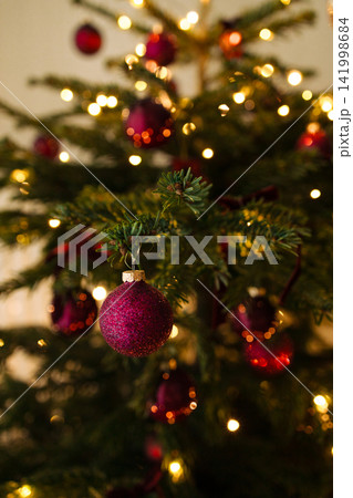 Purple glitter Christmas ornament on tree branch with warm bokeh lights Purple glitter Christmas ornament on tree branch with warm bokeh lights 141998684