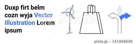 Renewable energy, sustainable shopping, decision-making, eco-friendly choices, navigation, consumer behavior. Wind turbine, shopping bag and directional arrows in a minimalist design. Renewable Renewable energy, sustainable shopping, decision-making, eco-friendly choices, navigation, consumer behavior. Wind turbine, shopping bag and directional arrows in a minimalist design. Renewable 141998690