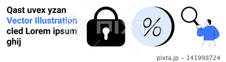 Cybersecurity, data protection, analytics, online research, privacy tools, information management. Lock icon, percentage symbol person with magnifying glass. Cybersecurity and data protection 141998724