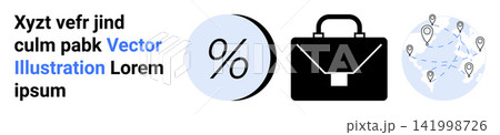 Financial planning, global networking, business analysis, investment strategy, corporate growth, commerce solutions. Black business bag, percentage icon and networked location markers. Financial 141998726