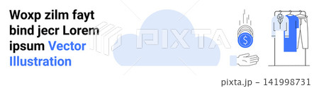 Cloud technology, e-commerce, financial transactions, digital storage, online shopping, data management. Cloud graphic, hand with coin and hanging clothes illustration. Cloud technology 141998731