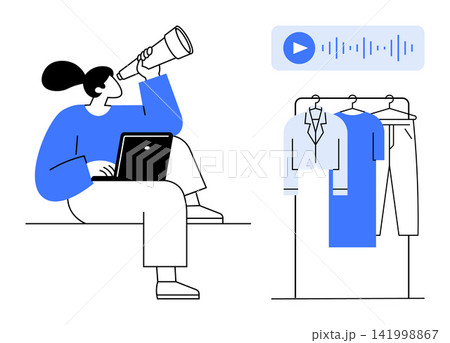 Online shopping, digital content, market trends, media analytics, remote work, e-commerce. Woman with laptop and telescope observing with audio and clothes. E-commerce and digital content concepts 141998867