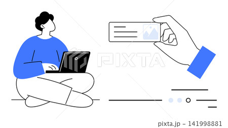 Identity verification, online security, digital access, data protection, authentication, personal identification. A seated individual uses a laptop, and a hand holds an ID card. Identity verification Identity verification, online security, digital access, data protection, authentication, personal identification. A seated individual uses a laptop, and a hand holds an ID card. Identity verification 141998881
