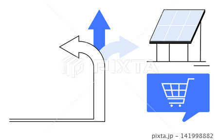 Sustainability, decision-making, e-commerce, renewable energy, environmental choices, online retail growth. Solar panel, shopping cart directional arrow. Sustainability and decision-making concepts Sustainability, decision-making, e-commerce, renewable energy, environmental choices, online retail growth. Solar panel, shopping cart directional arrow. Sustainability and decision-making concepts 141998882