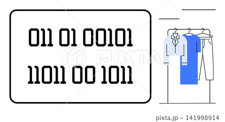 Digital fashion, coding, data-driven design, tech integration, e-commerce, clothing concepts. Binary code text alongside clothing on hangers. Digital fashion and coding Digital fashion, coding, data-driven design, tech integration, e-commerce, clothing concepts. Binary code text alongside clothing on hangers. Digital fashion and coding 141998914