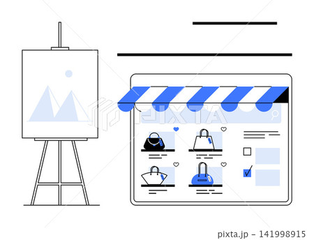 Online shopping, digital marketing, small business, retail industry, product display, e-commerce education. Tablet with storefront display and easel with presentation board. E-commerce and digital 141998915