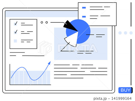 Business analytics, data science, financial reports, performance tracking, decision-making tools, and strategy insights. Graphs, charts and visual dashboard with a BUY call-to-action. Business 141999164