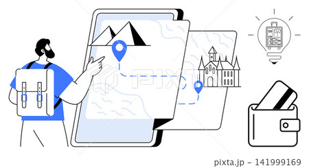 Travel, vacation planning, navigation, exploration, tourism, budgeting. Traveler points at map with route markers, wallet and transportation idea. Travel and vacation planning concept 141999169