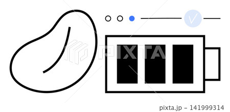 Energy efficiency, renewable energy, tech solutions, sustainability concepts, wireless tech. Bean shape and battery icon. Energy efficiency and renewable energy 141999314