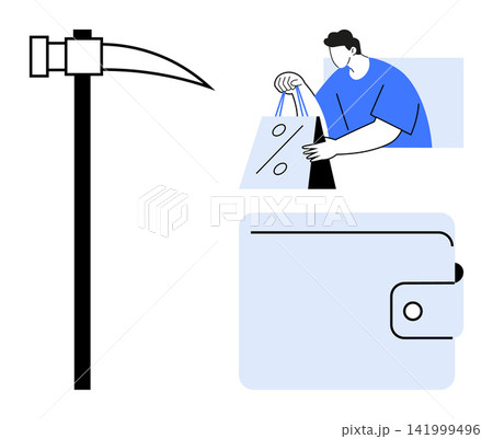 Online shopping, e-commerce, cryptocurrency mining, digital payments, budgeting, fintech. A shopping bag with a percentage sign, a wallet and a mining pickaxe. E-commerce and cryptocurrency mining Online shopping, e-commerce, cryptocurrency mining, digital payments, budgeting, fintech. A shopping bag with a percentage sign, a wallet and a mining pickaxe. E-commerce and cryptocurrency mining 141999496