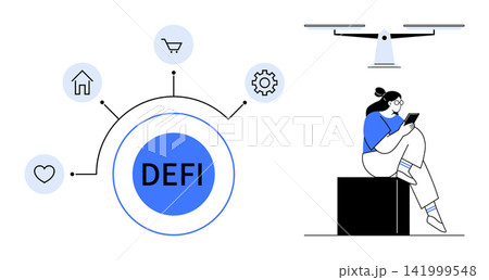 Financial technology, blockchain, decentralized systems, fintech, remote user access, modern economy. Circular diagram showing DeFi and icons. Decentralized systems and fintech visually Financial technology, blockchain, decentralized systems, fintech, remote user access, modern economy. Circular diagram showing DeFi and icons. Decentralized systems and fintech visually 141999548