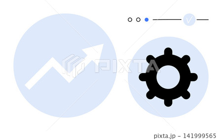Business strategy, productivity tools, process optimization, analytics, system updates, goal setting. Upward arrow and gear with progress indicator symbols. Business strategy and productivity tools 141999565