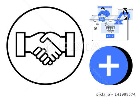 Business growth, teamwork, online shopping, e-commerce, digital solutions, collaboration. Handshake icon, shopping cart cashback and add icon. Business growth and collaboration concept Business growth, teamwork, online shopping, e-commerce, digital solutions, collaboration. Handshake icon, shopping cart cashback and add icon. Business growth and collaboration concept 141999574